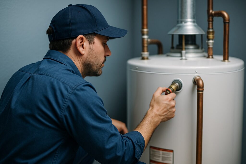 Plumber servicing a residential water heater